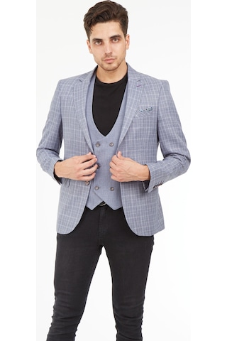 Sposo 5140 Yelekli Dar Kalıp Gri Ekose Erkek Blazer Ceket Gri