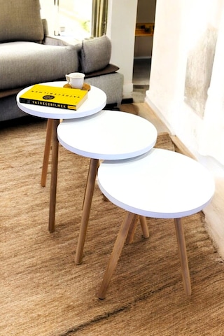 Zigon Sehpa Doğal Ahşap Ayaklı 3 Lü Set Yuvarlak Beyaz