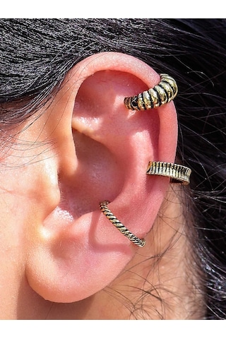 Vintage Antik 3'lü Deliksiz Ear Cuff Ayarlanabilir Kıkırdak Küpe Seti Eukk4 Sarı