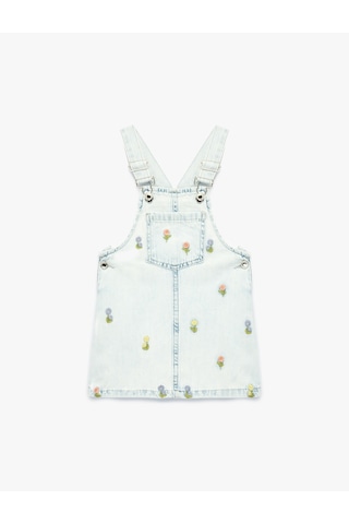 Koton Çiçek Nakış Detaylı Cepli Askılı Denim Jile Elbise Lıght Indıgo 6smg80007ad Açık Mavi