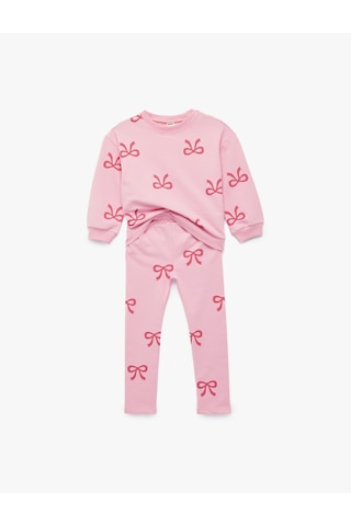 Koton Uzun Kollu Bisiklet Yaka Pamuklu Fiyonk Baskılı Sweatshirt Ve Tayt Seti - 2'li Takım Pembe Desenli 6smg10103ak Pembe