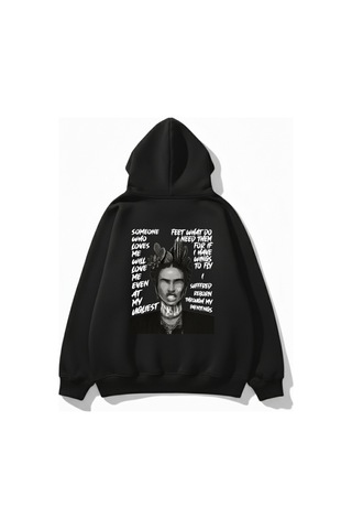 Uyguntarz Unisex Yumuşak Dokulu Frida Kahlo Viva La Vida Baskılı Tasarım Oversize 3 İplik Hoodie Sweatshirt siyah