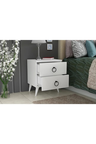 Komidin 2 Çekmeceli Beyaz Siyah Kulplu Konik Ayaklı Kurulu