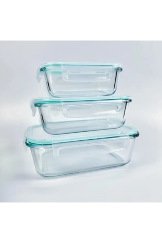 3 Lü Set 1040ml-700ml-410ml Bor Cam Kilitli Vakumlu Dikdörtgen Hava Geçirmez Kapaklı Saklama Kabı Turkuaz