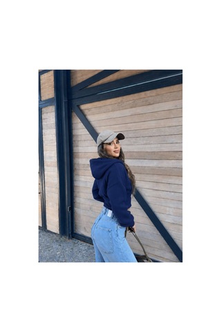 Evoa Kadın Lacivert Oversize Kol Kapüşonlu Crop Hırka