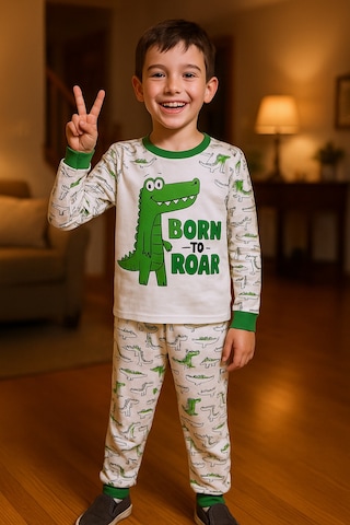 Hçm Erkek Çocuk Pijama Takımı Dinozor Baskılı Bisiklet Yaka C65 Yeşil