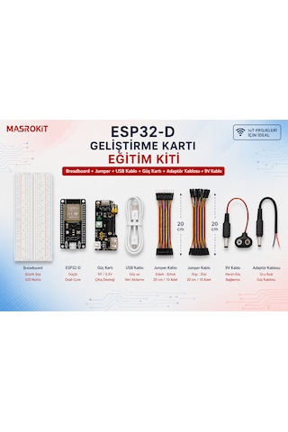 MASROKİT ESP32-D WiFi + Bluetooth Geliştirme Kartlı Eğitim Kiti (Breadboard + Jumper + Kablo+ Güç Modülü)