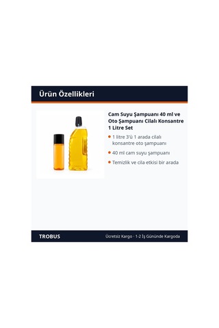 Trobus Cam Suyu Şampuanı 40 Ml Ve Oto Şampuanı Cilalı Konsantre 1 Litre Set
