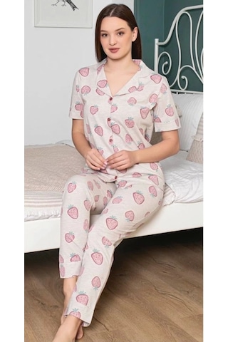 Alissa 6251 Kadın Çilek Desenli Patlı Pijama Takımı Kahve