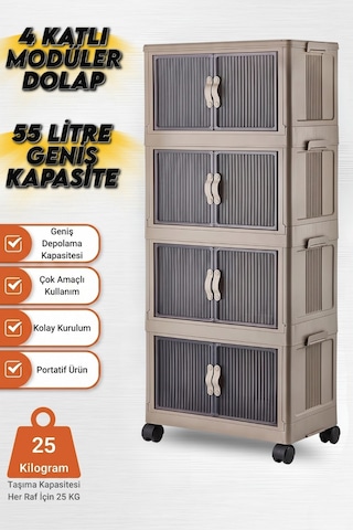 4 Katlı Modüler Dolap, 55 Litre, 360 Tekerlekli, Çok Amaçlı Saklama Ünitesi, Banyo Ve Mutfak Dolabı Toprak