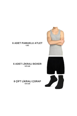 Black Swallow Erkek İç Giyim Paketi 6 Ad. Atlet 6 Ad. Boxer 8 Çift Çorap Gri-siyah-siyah