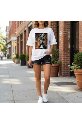 Cyberqueen Kodlanmış Güzellik Oversize T-shirt Beyaz