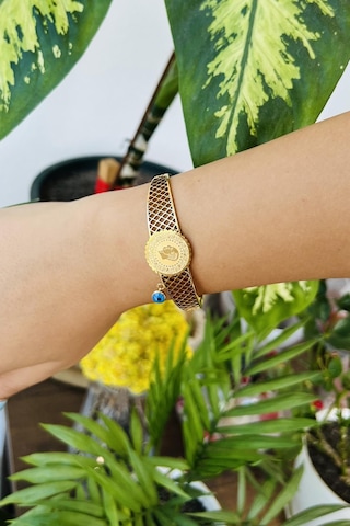 Allmisse Altın Kaplama 316l Kalite Nazar Boncuklu Desenli Tuğra Detaylı Çelik Kelepçe Bileklik - Altın