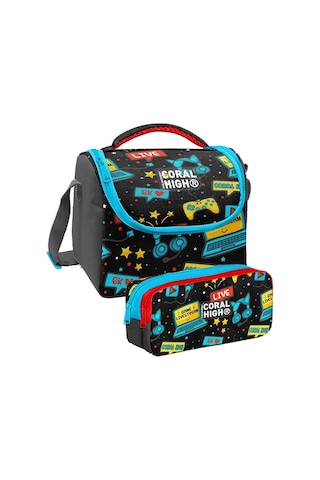 Coral High Siyah Mavi Gamer Desenli Erkek Çocuk Isı Yalıtımlı Beslenme Çantası Ve Kalemlik Seti