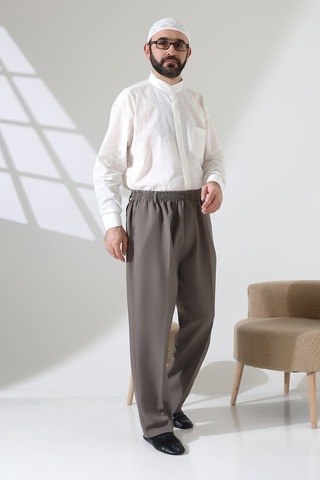 Erkek Beli Lastikli Cepli Hac Umre Kumaş Şalvar Pantolon - Toprak Isr Vizon