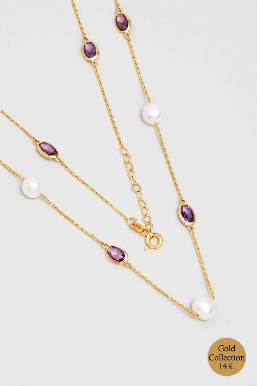 Doğal İnci Işıltısı 14 Ayar 45 Cm Sarı Altın Kolye Mor