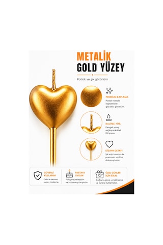 4'lü Gold Kalpli Doğum Günü Mumu 14 Cm Metalik Kalp Pasta Mumu Dekoratif Kutlama Mumu