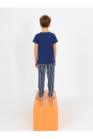 Vitmo Erkek Çocuk Kısa Kollu %100 Pamuklu Düğme Detaylı Blue Wave Pijama Takımı İndigo İndigo