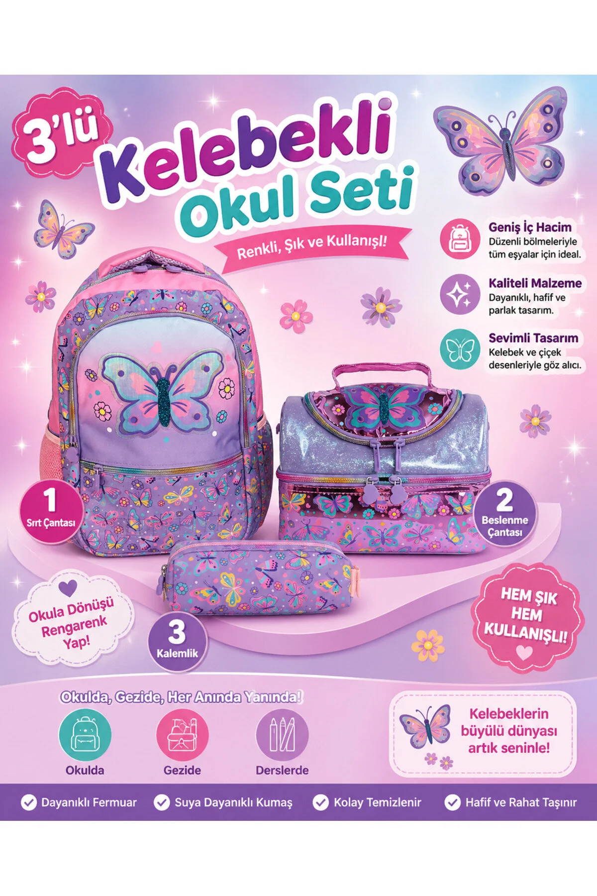 Dream West Kelebek Temalı 3'lü Okul Çanta Seti Mor-lila