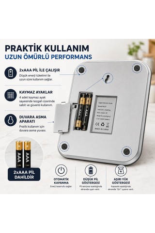 10 Kg Dijital Hassas Mutfak Tartısı - Lcd Ekranlı, Paslanmaz Çelik Tartım Yüzeyi, Dara Tare Fonksiyonlu, Gram & Ons Ölçüm, 2x Aaa Pilli Çok Renkli