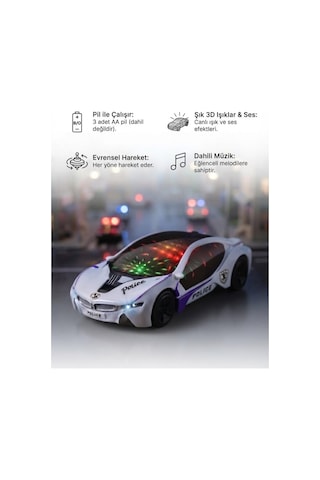 Çarp Dön Araba 1:18 Ölçekli 25 Cm Müzikli Ve 3d Işıklı Pilli Eğlenceli Oyuncak Polis Arabası Beyaz