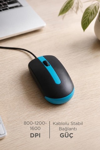 Aksesuar Bilgisayar Günlük Mouse Optik Sessiz Ve Ergonomik Tasarım Kablolu Fare Tm06 Mavi