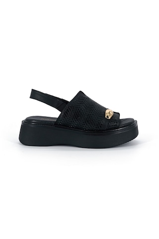 Mammamia D26ys-2920 Beyaz Hakiki Deri Lastikli Kalın Taban 3cm Topuk 5cm Kadın Sandalet Siyah