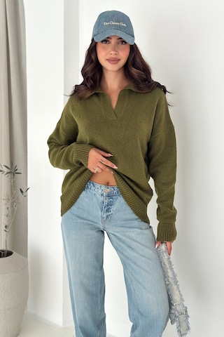 Femelle Haki Kadın Polo Yaka Oversize Triko Kazak - Standart Beden Yumuşak Dokulu - 8551