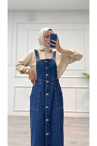 Etekli Salopet Enzim Süper Taş Yıkama Koyu Mavi D2521 Mavi