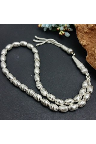 925 Ayar Gümüş Tesbih Arpa Kesim Çizgili Model Küçük Boy
