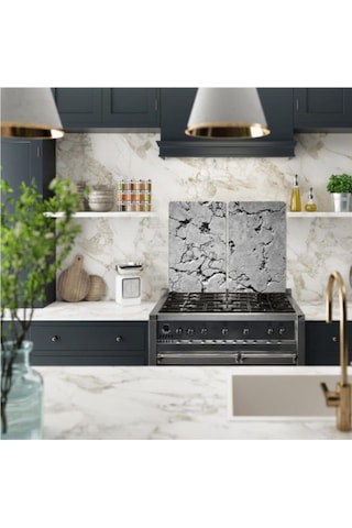 Dekoratif Cam Ocak Koruyucu ve Kesim Tahtası Gri Taş 60Cm X 52Cm