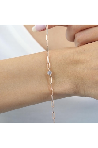 İtalyan Tasarım Ataç Zincirli Tek Işıltım Rosegold Gümüş Bileklik