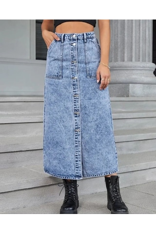 Pass&pass 2102-etk Kadın Likralı Önden Düğmeli Jeans Kot Denim Uzun Etek Kar Çok Renkli