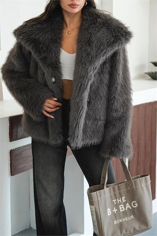 Neşeli Butik Kadın Antrasit Astarlı Kürk Kaban Nbmylk32 Antrasit