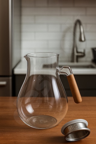 Süzgeçli Yuvarlak Cam Sürahi - Akasaya Kapaklı Ve Saplı - Detoks Sürahisi - Contalı Kapak