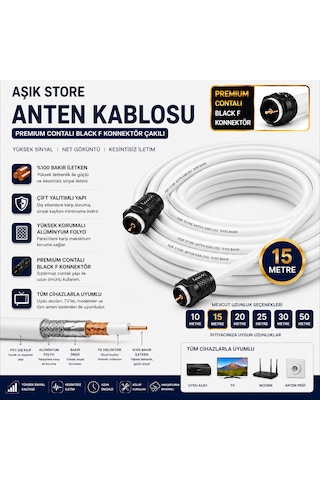 15 Metre Premium Anten Kablosu %100 Bakır İç İletken Contalı Black F Konnektör Çakılı Koaksiyel Tv Uydu Kablosu