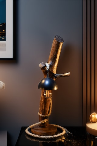 Celestia Home Otantik  İskandinav El Yapımı Doğal Ağaç Ahşap Rustik Aydınlatma Abajur Masa Lambası Ahşap