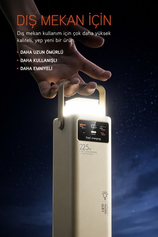 50000 Mah 22.5w Süper Hızlı Şarj Dijital Ekranlı Kablolu Led Işıklı Powerbank Siyah