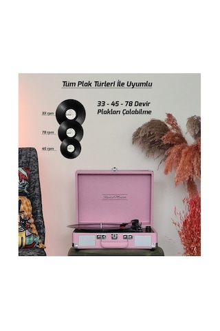 Record Master ST14012 Retro Şarjlı Bluetooth Pikap Pembe