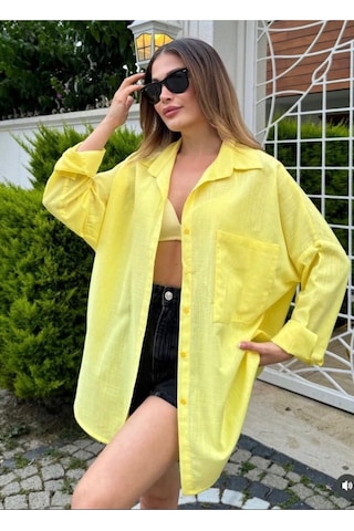Rouge Basıc Oversize Keten Dokulu %100 Pamuk Salaş Gömlek Sarı
