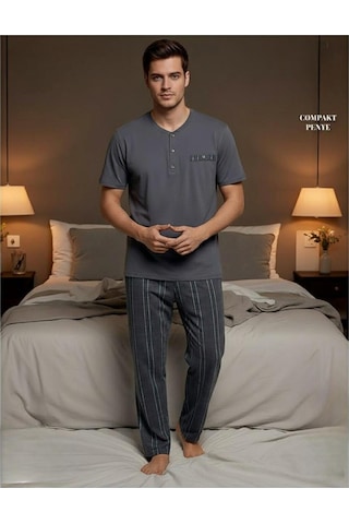 Arcan Erkek Düğme Yaka Kısa Kol Compact Penye Pijama Takımı 65130f - 1 Adet Füme