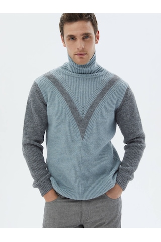 Mint Tam Balıkçı Yaka Desenli Yün Karışımlı Triko Mint