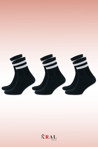 Kral Socks Erkek Kadın 3 Çift Çizgili Kolej Tenis Çorabı Pamuklu Terletmez Çorap Siyah