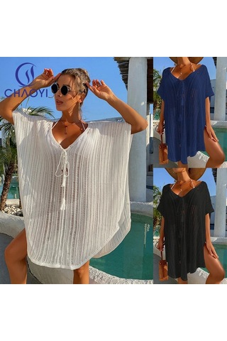 Örgü Bağlama İpi Oymalı Bol Plaj Elbisesi Beyaz