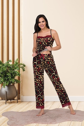Leopar Desenli Pamuklu Likralı Kahverengi Askılı Bordo Dantel Detaylı Pijama Takımı 28449 Kahverengi