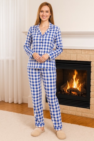 Remsa Kadın Ekose Desen Suprem Önü Düğmeli Pijama Takımı 0470 Mavi03 Mavi03