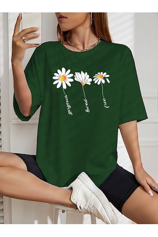 Papatyalar Baskılı T-shirt - Baskılı Oversize Bisiklet Yaka Kısa Kol Tişört Yeşil