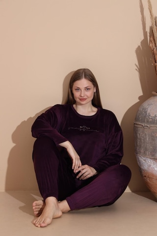 Boyraz Kadın Kışlık Fransız Kadife Büyük Beden Bisiklet Yaka Uzun Kol Pijama Takımı 03143 - 1 Adet Mor