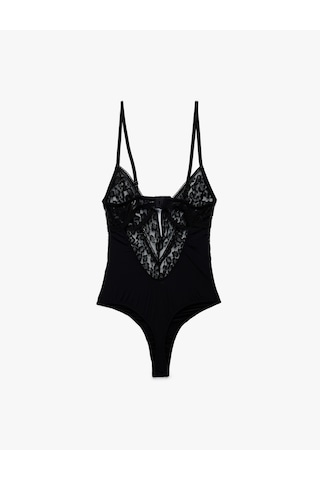 Koton V Yaka İnce Askılı Transparan Dantelli Bodysuit Siyah 6wlk00002mk Siyah
