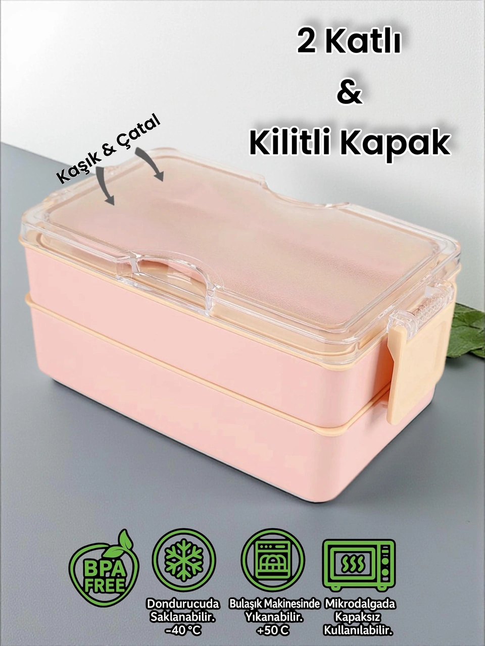 Dikdörtgen İki Katlı Lunch Box Pembe Renk Beslenme Kutusu Saklama Kutusu Pembe